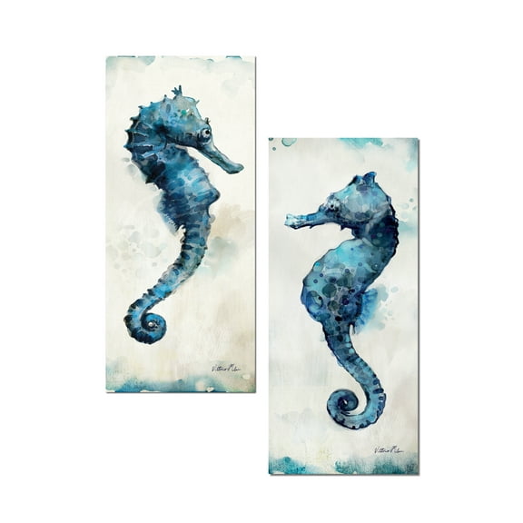 Gango Home Decor Blue and Teal Watercolor-Style Seahorse Coastal Set; 2 - 8" x 18" Unframed Prints