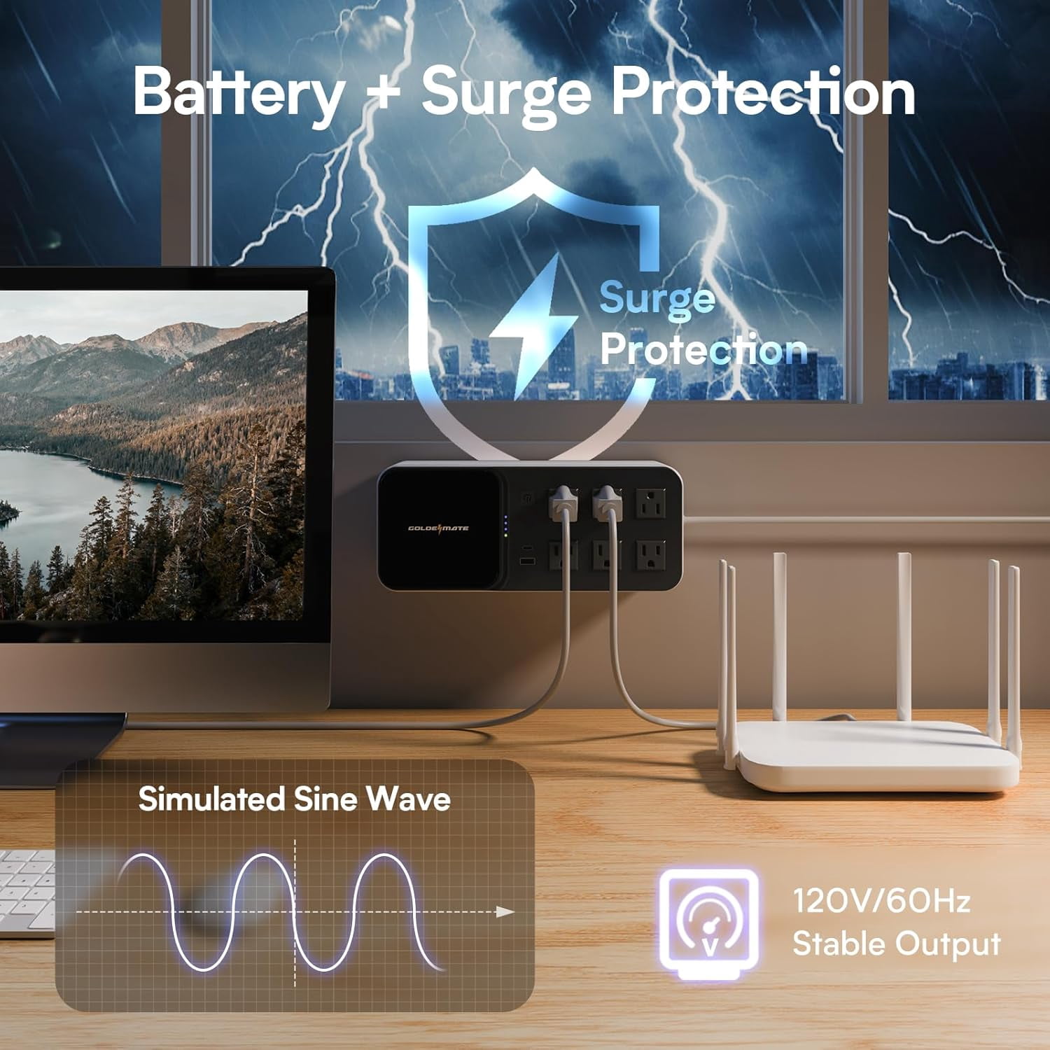 GOLDENMATE 600VA / 360W Lithium UPS Battery Backup & Surge Protector with Wireless Charging, 6 Outlets, USB Ports and LiFePO4 Battery