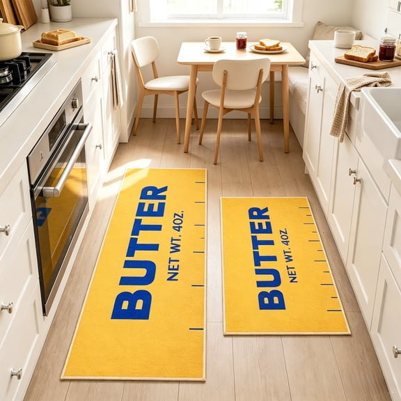Feledorashia Kitchen Mat Set, Butter Floor Rugs, 2 Pack 15.75 X 47.24 Inch Coordinated Butter Package Graphics on Two Mats for Sink Stove Baking Area Kitchen Floor, Kitchen Use Design