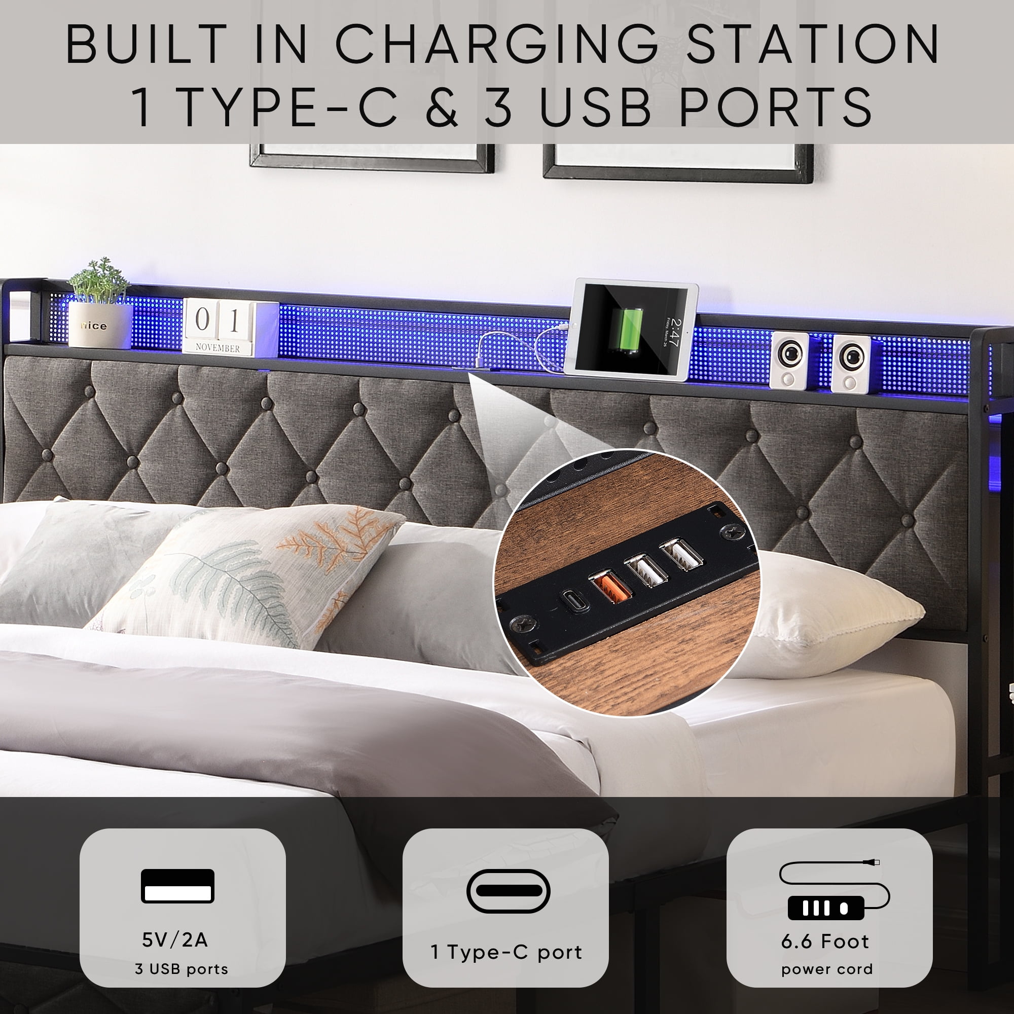 Miniyam King Size Upholstered Platform Bed Frame with 3 USB Ports & LED Lights for Adult, Light Gray