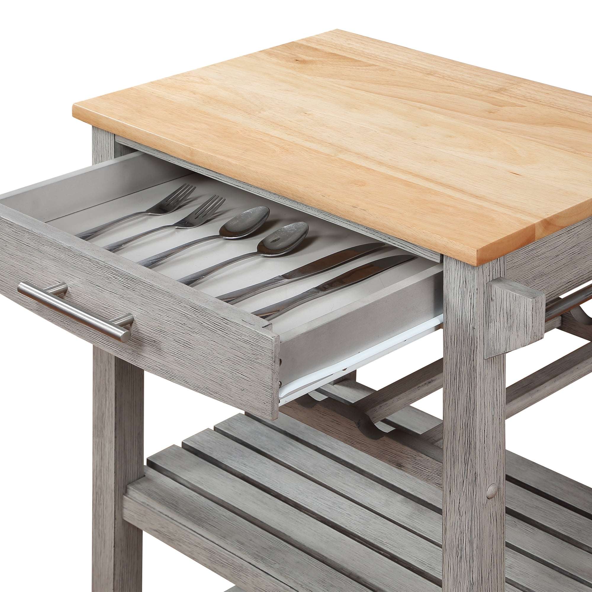 Convenience Concepts Ellaine 4 Tier Small Butcher Block Kitchen Island Cart with Drawer and Wine Rack, Wirebrush Light/Butcher Block