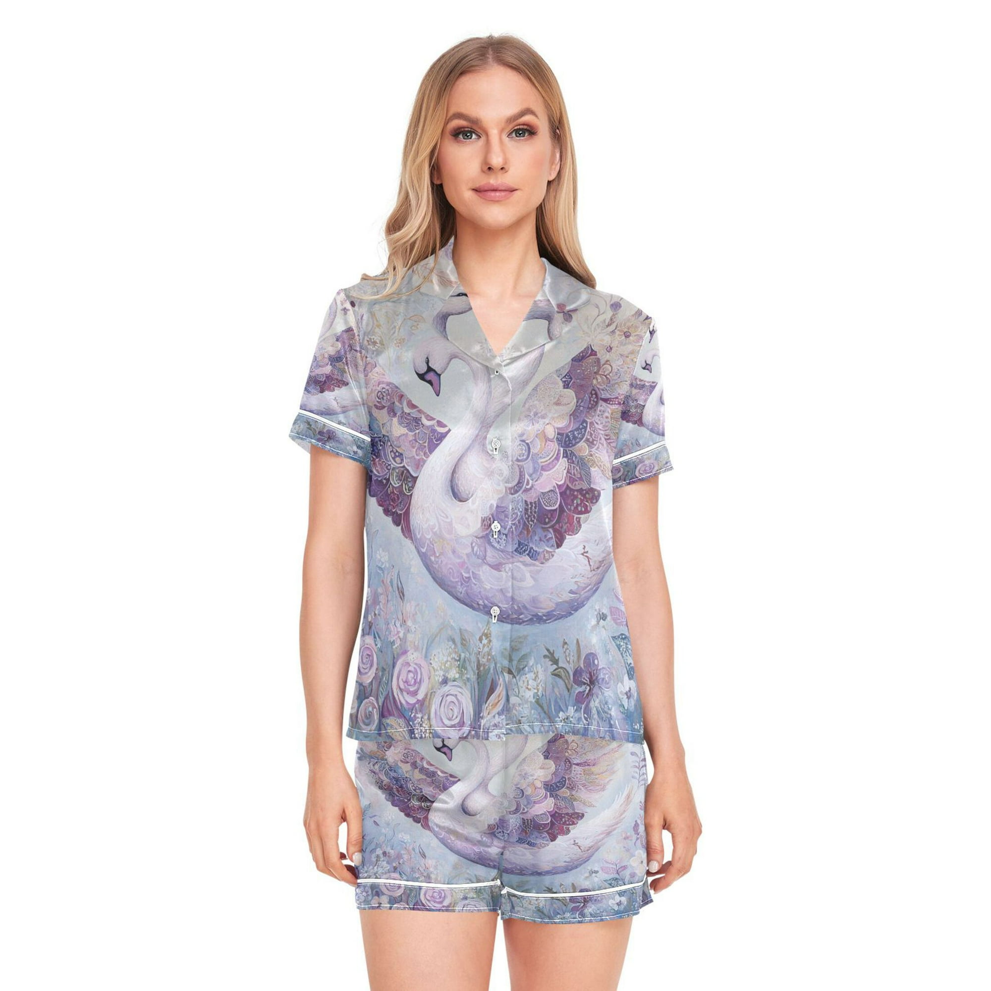 Women Silk Pajama Sets Causal Outings Fashion Graceful Swans in Bloom Pattern Home