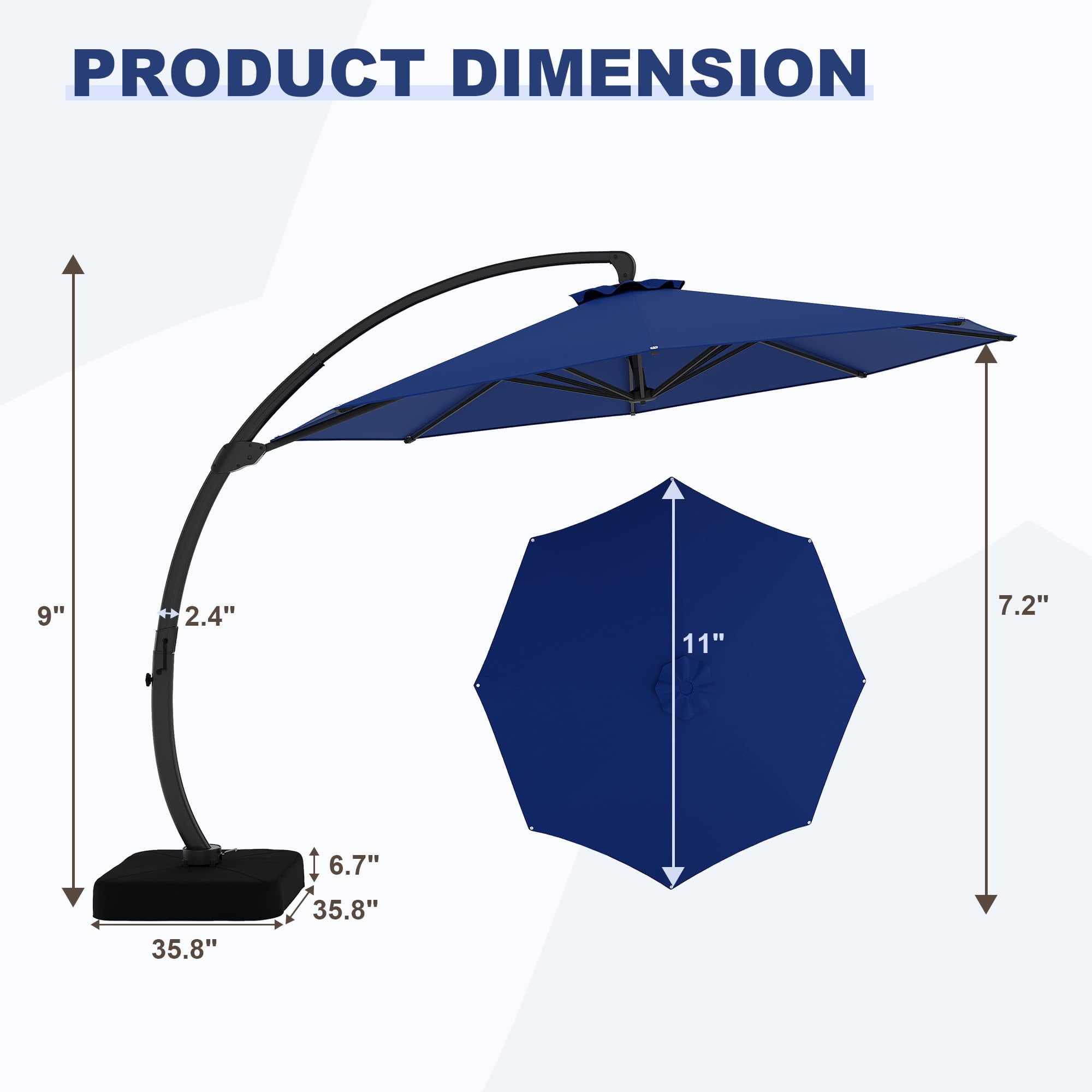 11FT Cantilever Patio Umbrella With Base Included, Round Large Aluminum Outdoor Cantilever, Heavy Duty Offset Umbrella with 360°Rotation for Pool, Deck, Backyard, Garden