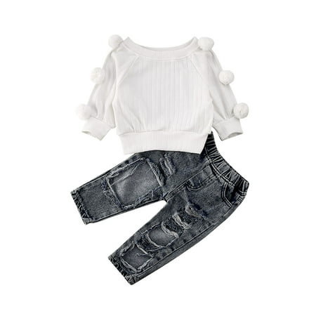 

Lookwoild Toddler Kids Baby Girls Winter Sweater Top Ripped Denim Pants Outfits