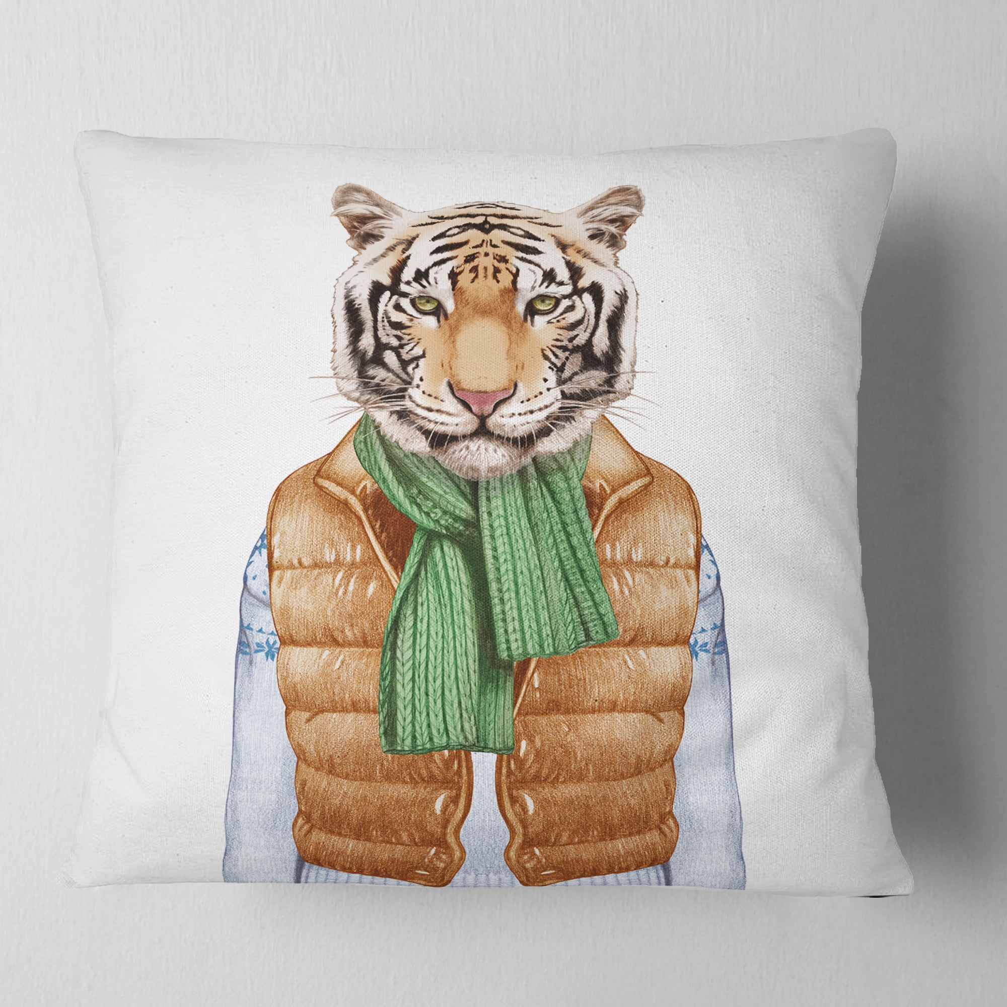 Designart Tiger in Vest and Sweater - Contemporary Animal Throw Pillow - 16x16