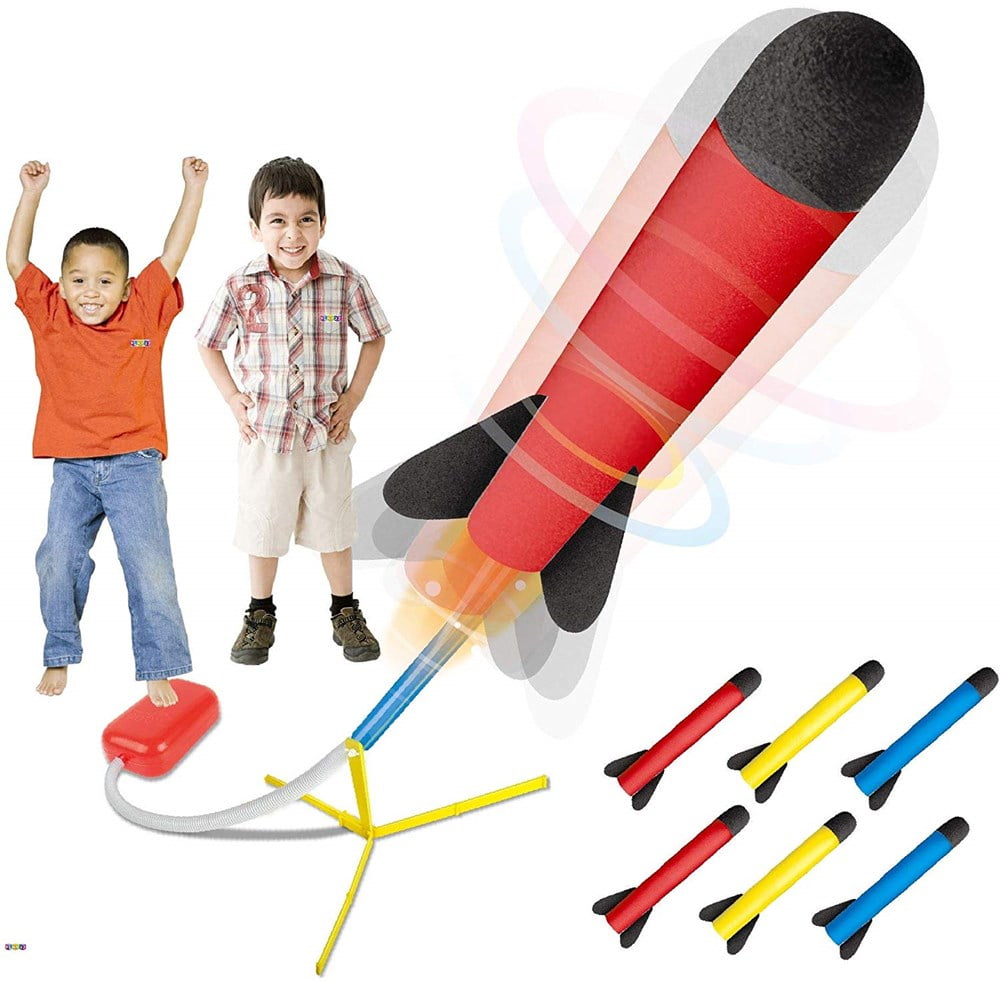 Toy Rocket Launcher for Kids Jump and Air Powered Foam Rockets Flies High Air Rocket Durable Kids Rocket Launcher Toy Includes 6 Rockets 