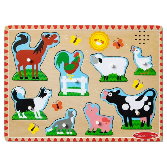 Melissa & Doug Farm Animals Sound Puzzle - Wooden Peg Puzzle With Light-Activated Sound Effects (8 pcs)