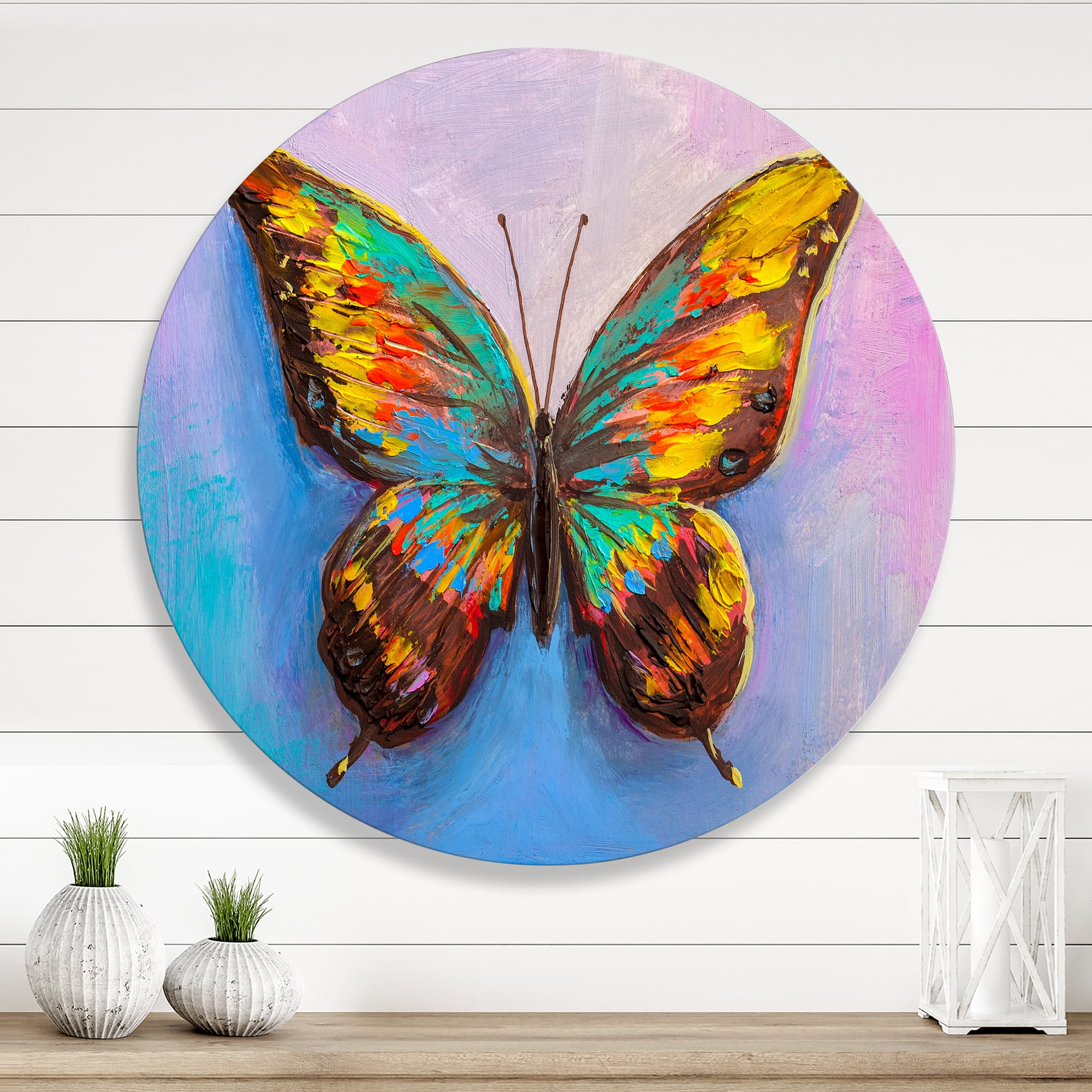 Designart 'Beautiful Butterfly In Orange and Turquoise' Modern Circle Metal Wall Art 23x23 - Disc of 23