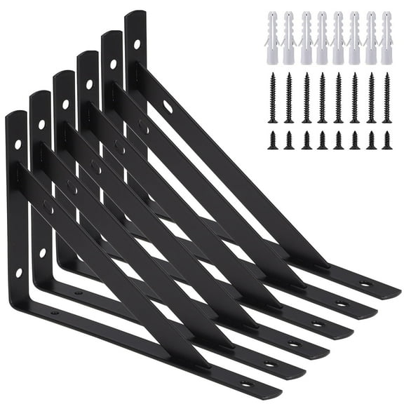 Qweryboo 6 Pack Heavy Duty Shelf Brackets, 8*5 inch Wall Mount L-Shaped Shelf Bracket for Floating, Black Metal Shelf Brackets with Screws, 90 Degree Triangle Corner Brace Joint Angle Bracket(Black)