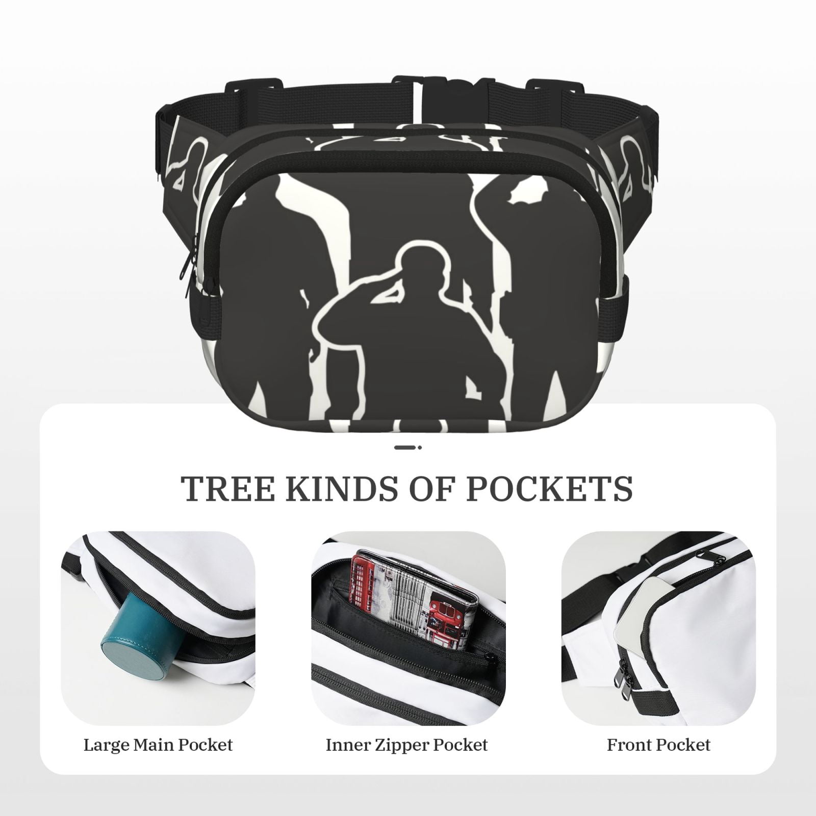 Picia Veterans Day Print Square Double-Layer Waist Bag Mini Adjustable Waist Belt Bag Exercise Running Travel Hiking