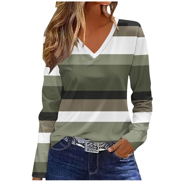 Timegard Long Sleeve Tops for Women V Neck Striped Loose Blouse Fall Casual Pullover Tops Fashion