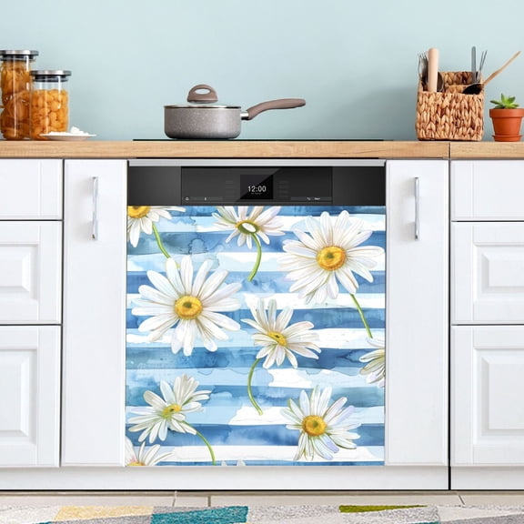 Daisy Flower on Blue White Stripes Dishwasher Magnet Cover Magnetic Fridge Door Cover Home Kitchen Decor 23"x 26"