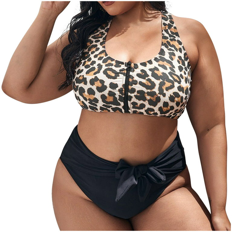 ZQGJB Plus Size Womens Two Piece Zip Front Bikini Leopard Print