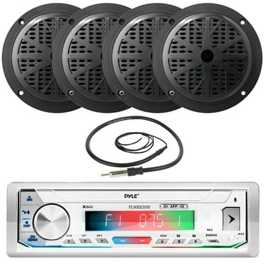 Pyle PLMRB39W Single DIN AM/FM Radio USB/AUX Bluetooth Marine Stereo White Receiver with 2 Pairs of 5.25'' 100 Watts 2-Way Full Range Black Waterproof Marine Stereo Speakers, Wired Antenna