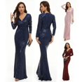 thumbnail image 2 of Vestido de cola de pez con lentejuelas y escote en V y manga larga, vestido de noche para banquete de anfitriona, vestido largo para mujer, vestido de dama de honor, vestido para brindis, 2 of 6