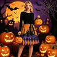 thumbnail image 5 of Women's Halloween Dress Bone Printed Long Sleeve Scary Tea Length Dress Pumpkin Hepburn Crew Neck Horror Swing Dress with Belt 3XL, 5 of 6