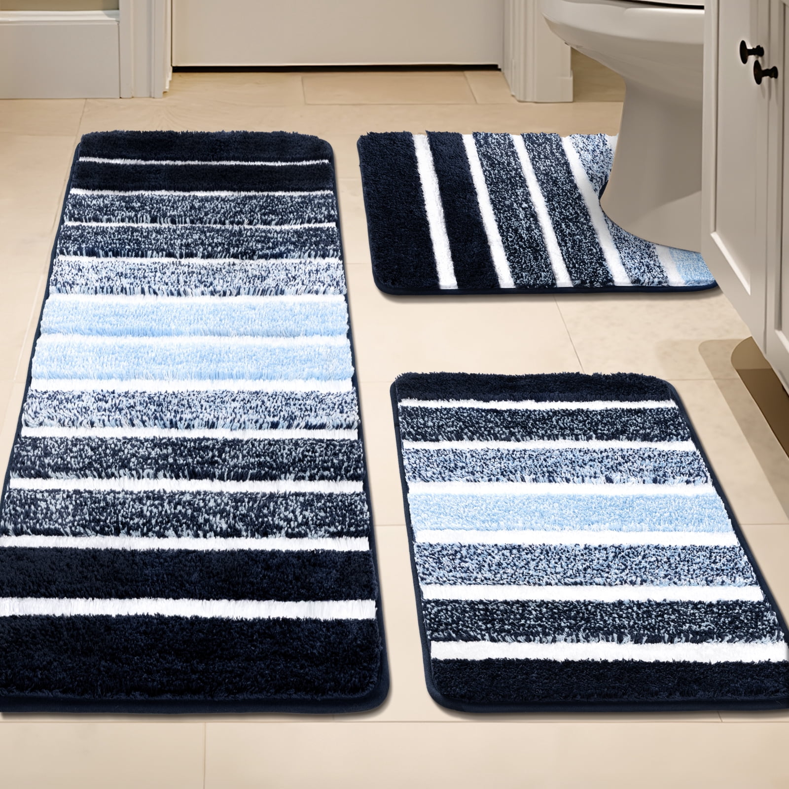 Findosom Bathroom Rugs Set of 3,Absorbent Non-Slip Machine Washable Bath Rugs, Microfiber Quick Dry Bath Mats for Bathroom Floor Tub Shower Bedroom Kitchen,18"x26"+18"x48"+U Shape 20"x24" Navy