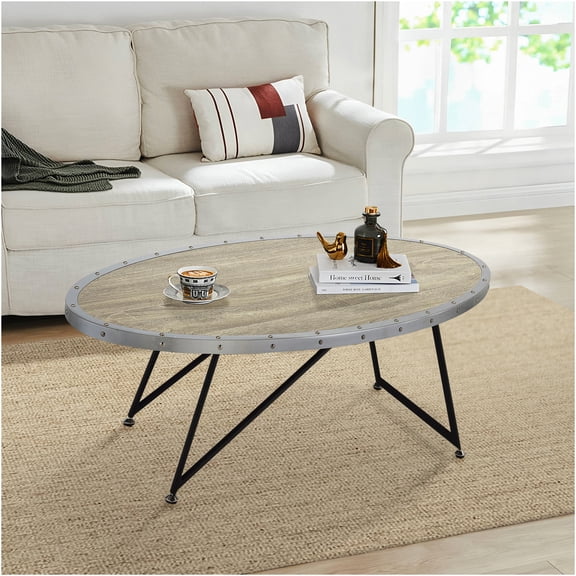 JERFIT Industrial Coffee Table Oval Top, Weathered Grey Oak and Black Metal Legs, Vintage Sofa Table for Living Room