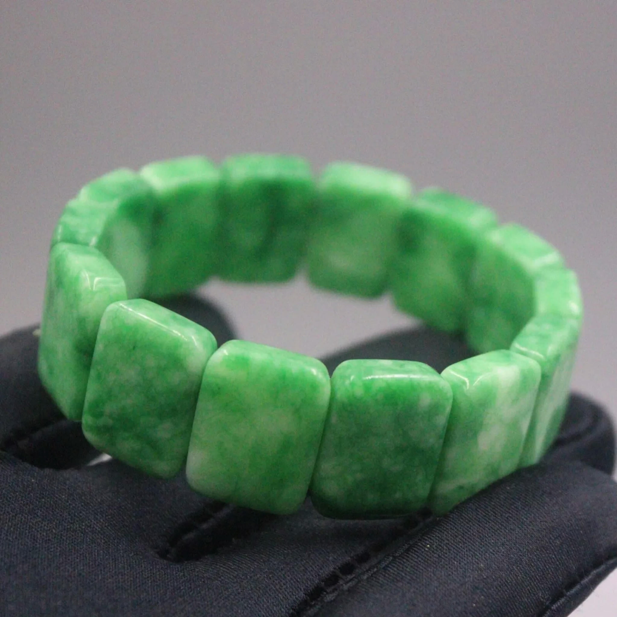 HOOUN Natural Jade Men Women Lucky Green Long Square 20mm W Beaded Elastic Bracelet