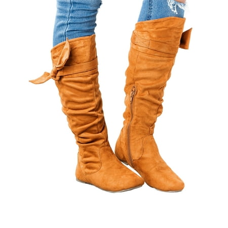 

Harsuny Womens Knee High Boots Flat Low Heels Side Zipper Riding Booties Brown 6.5