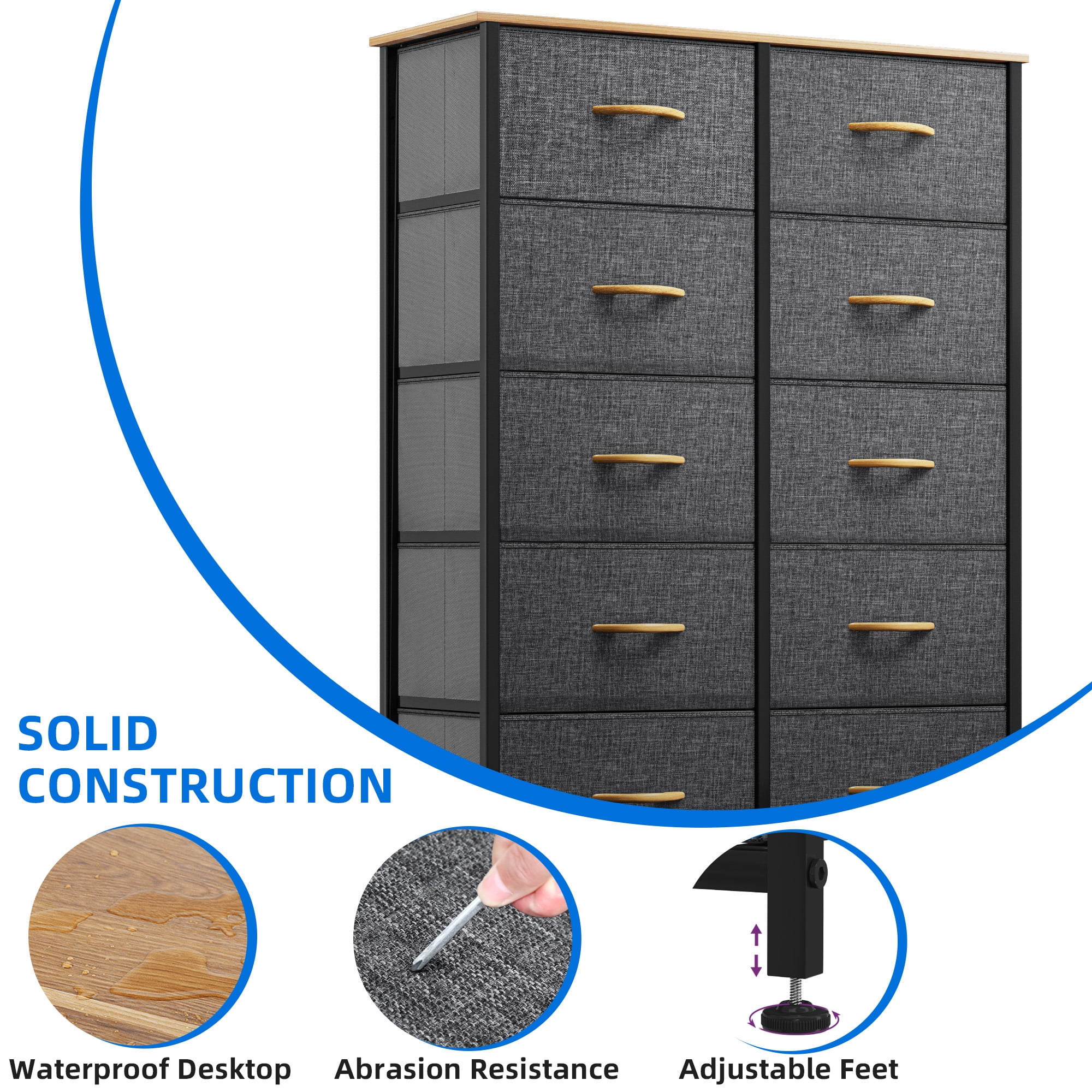 Uforic 10-Drawer Fabric Dresser for Adults, Tall Storage Chest with Steel Frame & Wooden Top, Gray
