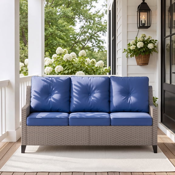 NestNook Outdoor Wicker Patio Sofa, 3-Seat Patio Couch with Blue Cushions, PE Rattan Porch Sofa for Backyard, Deck, Garden and Balcony