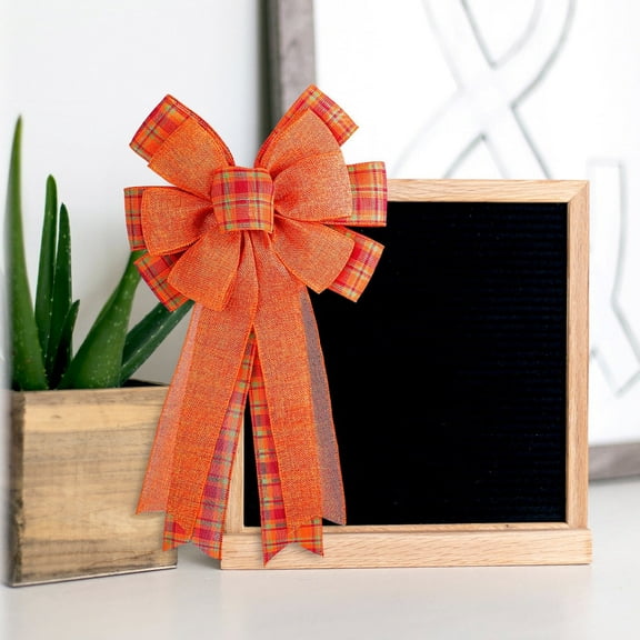 Ranliy Halloween Bows for Wreath, Halloween Pumpkin Wreath Bows, Fall Orange Burlap Bows with Stripes, Holiday Tree Topper Bows for Front Door Halloween Party Decorations