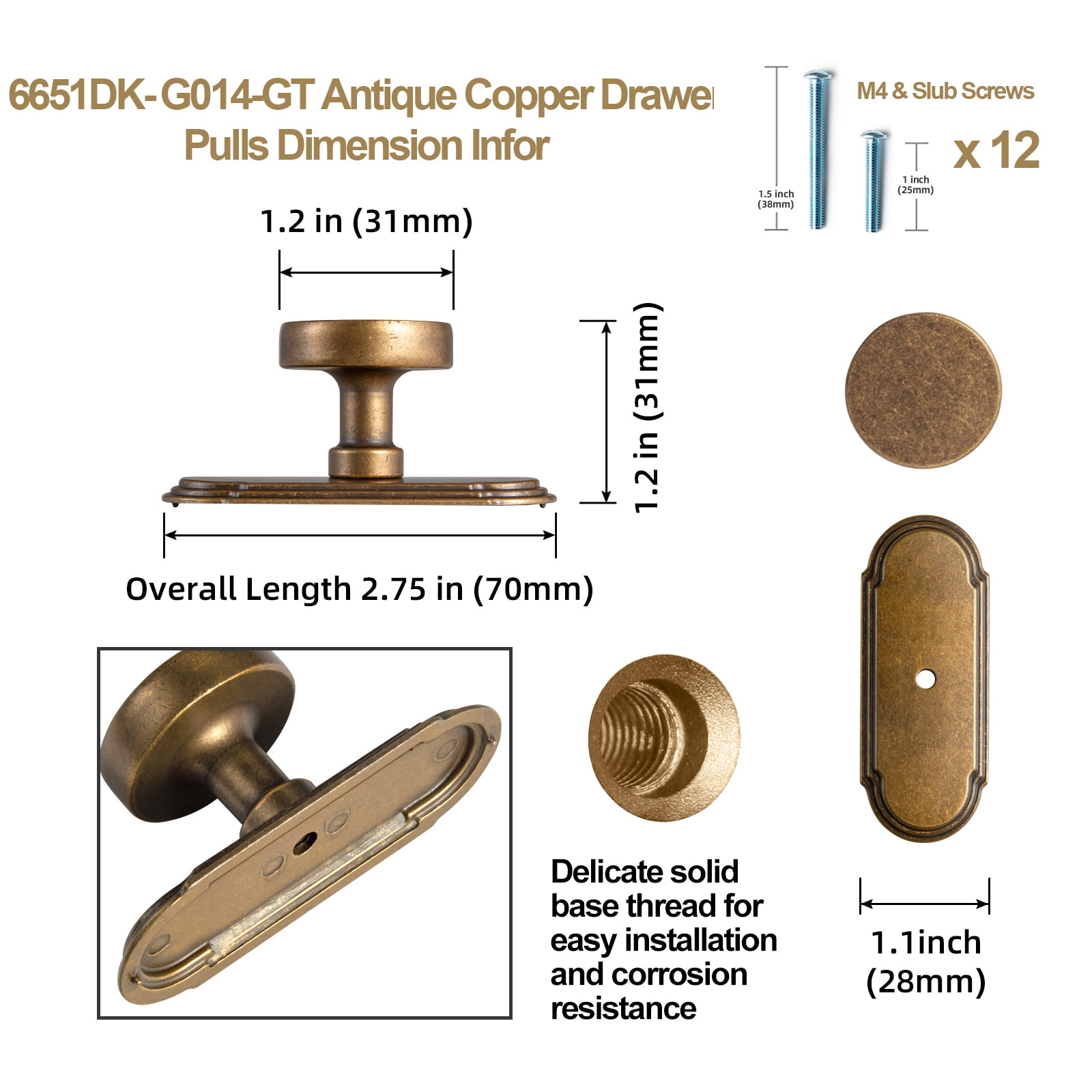 Goo-Ki Antique Brass Cabinet Drawer Knobs with Backplate, Single Hole Zinc Alloy Cabinet Handles Kitchen Hardware for,Dresser,Cupboard,Wardrobe, 6 Pack