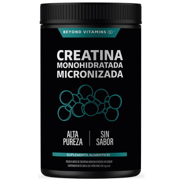 creatina monohidratada micronizada en polvo, 100% alta pureza, pre workout — Frasco negro frontal con etiqueta negra y texto blanco que muestra el nombre del producto en mayúsculas y el logotipo Beyond Vitamins en la franja superior; gráfico de moléculas turquesa centrado; leyendas visibles 'Alta pureza' y 'Sin sabor'; tapa de rosca negra; etiqueta indica contenido neto 300 gr. La etiqueta sugiere mezclar 5 g en agua o bebida favorita según especificaciones del producto.