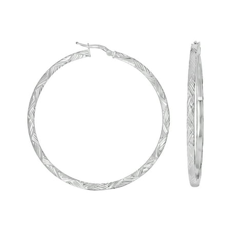 925 Sterling Silver Womens Diamond-Cut Patterned Square Tube Hoop Earrings