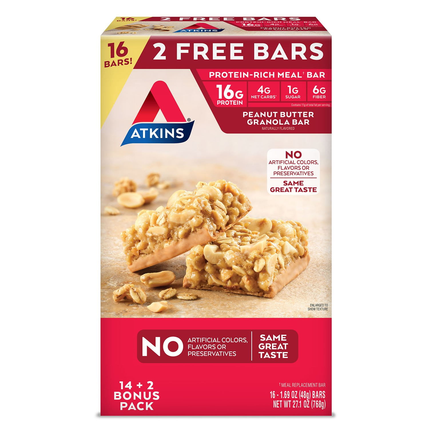 Atkins Meal Bar Peanut Butter Granola Pack (14 Count + 2 Bonus Bars)