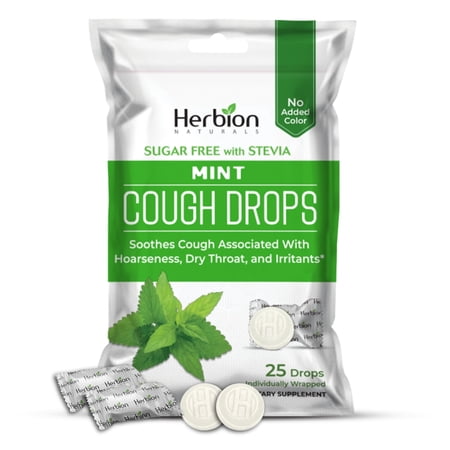 Herbion Naturals Cough Drops with Natural Mint Flavor, Sugar-Free with Stevia, Dietary Supplement, Soothes Cough, for Adults & Children Over 6 Years, 25 Drops, No Artificial Flavor or Color