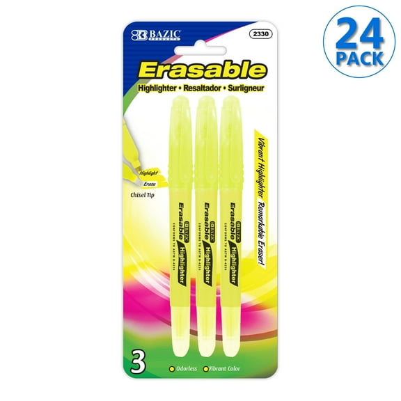BAZIC Erasable Highlighter Chisel Unscented Erase Marker (3/Pack), 24-Packs