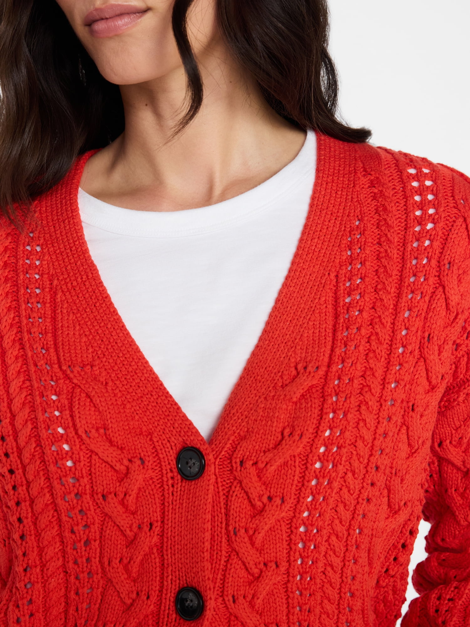 Time and Tru Women's Cable Knit Cardigan Sweater with Long Sleeves, Lightweight, Sizes XS-XXXL