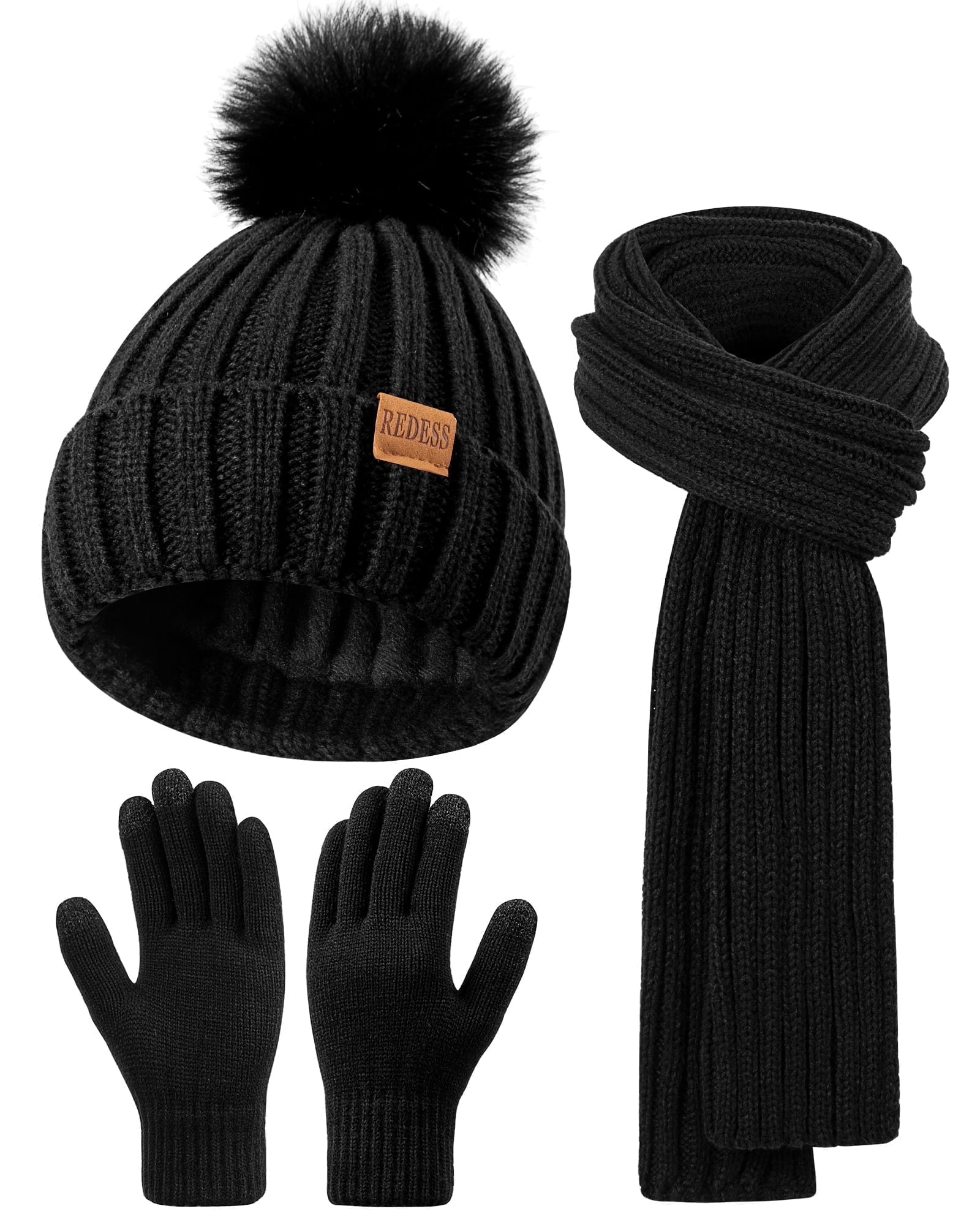 Satin Lined Slouchy Beanie Knit Scarf Touchscreen Gloves Winter 3 Pc Set KOITHOT 3 Pcs Winter Satin Silk Lined Beanie Hat Long Knit  main image 3