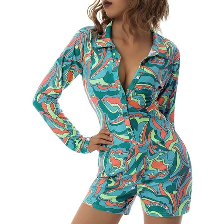 

WANYNG pajamas for women Knitted Print Shorts Romper Button-Down V-Neck Jumpsuit Long Sleeve Bodysuit Pyjamas womens fall fashion 2022 Green M