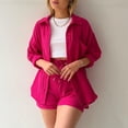thumbnail image 2 of AURA Women Two Piece Outfit Long Sleeve Shirt Drawstring Shorts Casual Set, 2 of 8