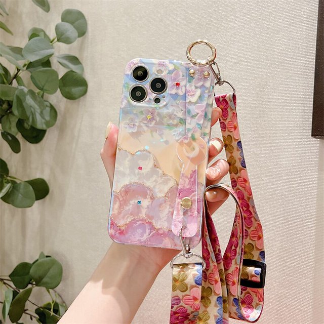 Funda de teléfono con cordón y correa de muñeca, carcasa con flores brillantes para iPhone 13, 14, 12, 11 Pro Max, X, XR, XS Max, 7, 8 Plus, SE 2020 Fivean unisex