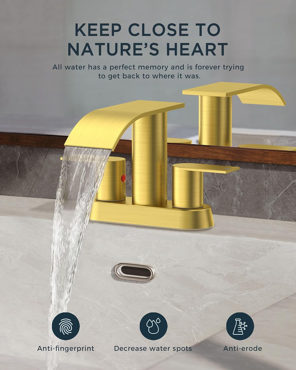 Brushed Gold Bathroom Sink Faucet, Waterfall 4 Inch Centerset Bathroom Faucets with Metal Pop up Drain and cUPC Hose for Basin,Vanity, Rv, Lavatory 2 or 3 Hole Sink