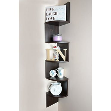 Adorn Home Essentials| Corner Zig Zag Wall Mount Shelves| 5-Tier, Walnut Finish