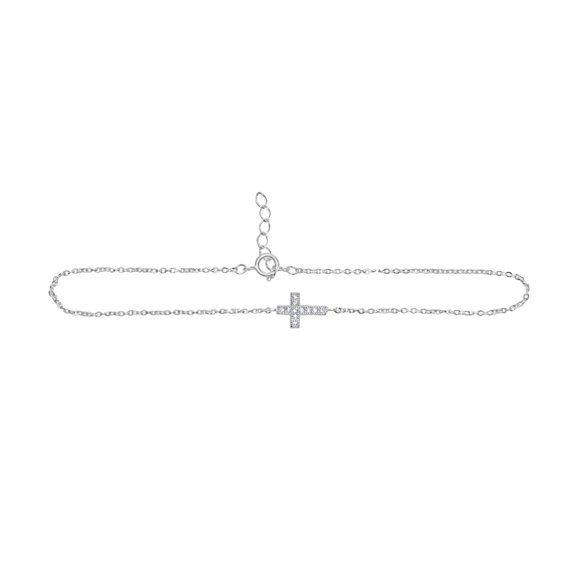 14k White Gold Cubic Zirconia Sideways Cross Chain Bracelet