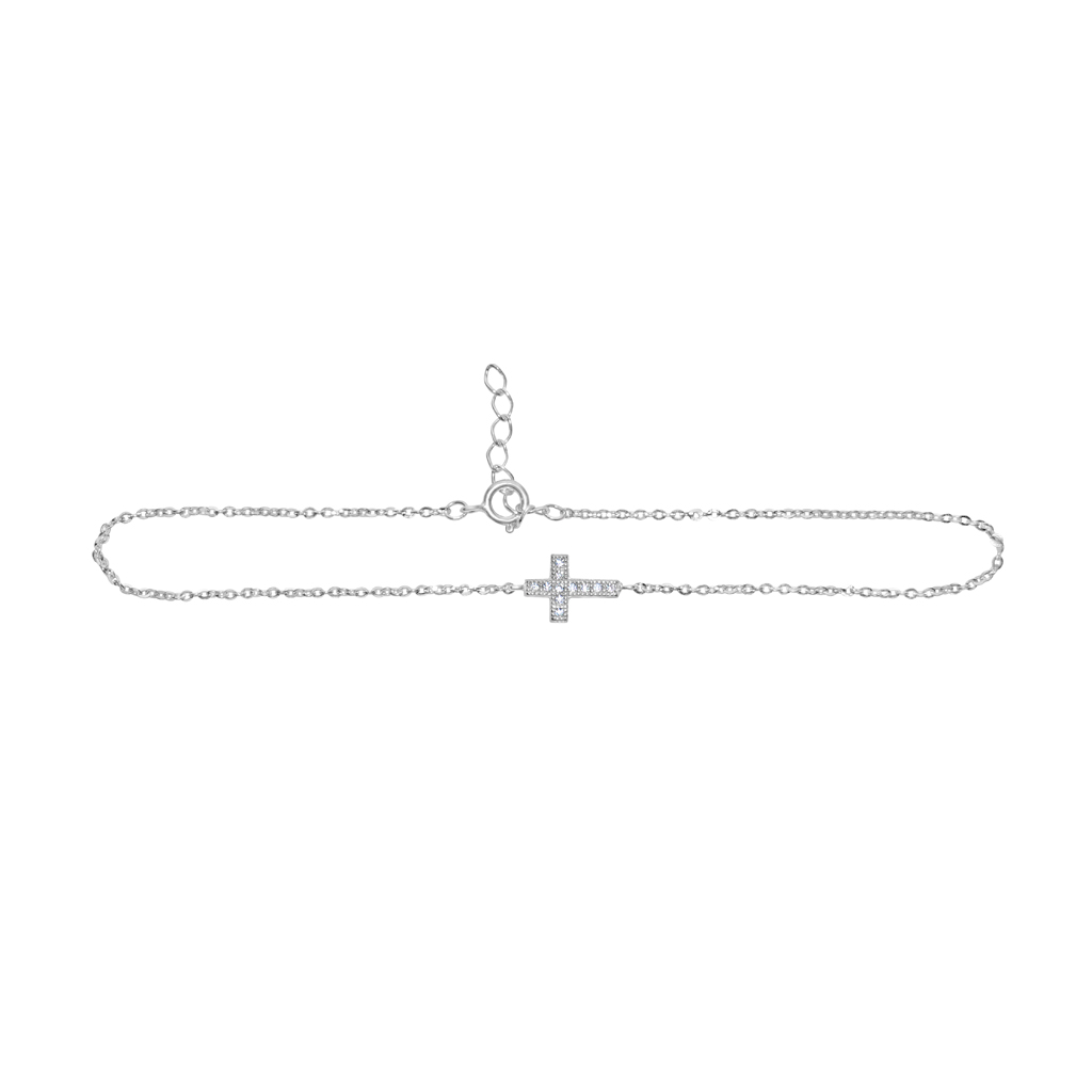 14k White Gold Cubic Zirconia Sideways Cross Chain Bracelet