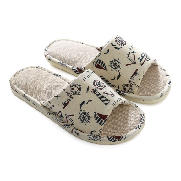 Home Slippers For Women Men Linen Indoor Unisex Soft Open Toe Print Casual Non-Slip Shoes