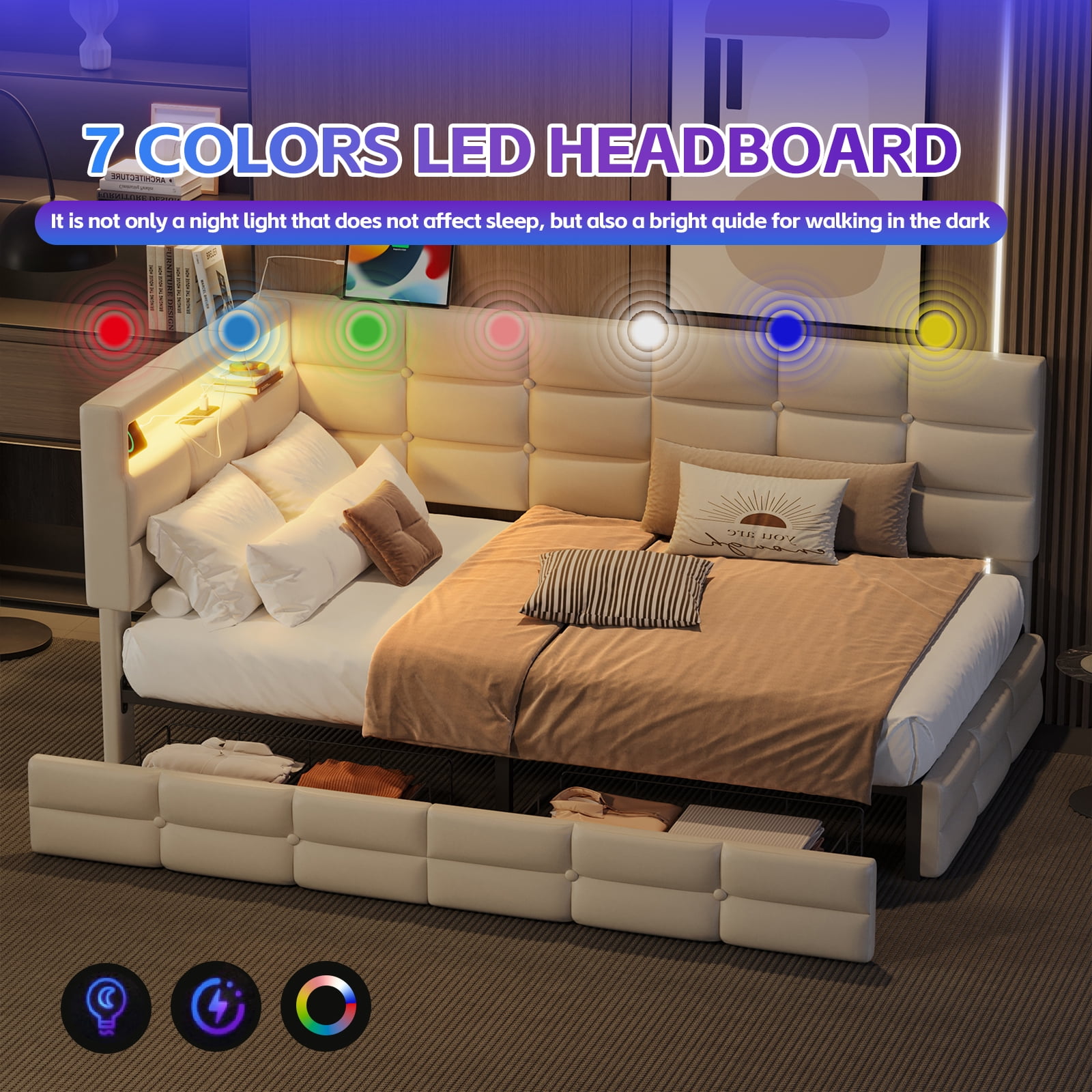 Euroco Upholstered Twin Size Daybed with Storage Headboard and Drawers, Sofa Bed with LED Light and USB Charging, Beige