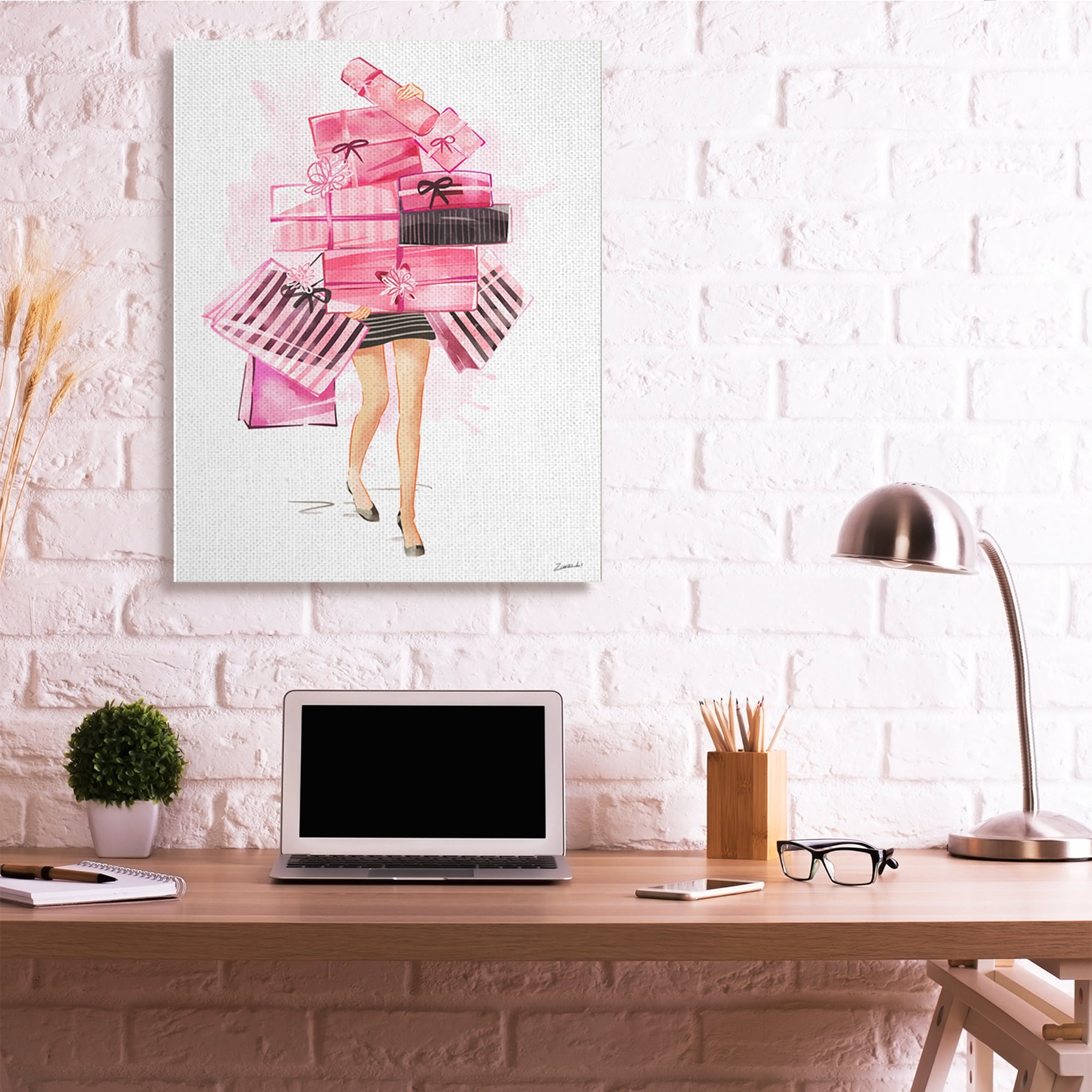 Stupell Industries Pink Glam Gift Stack Fashionista Shopping Pose Beauty & Fashion Painting Gallery Wrapped Canvas Art Print Wall Art, 36 x 48