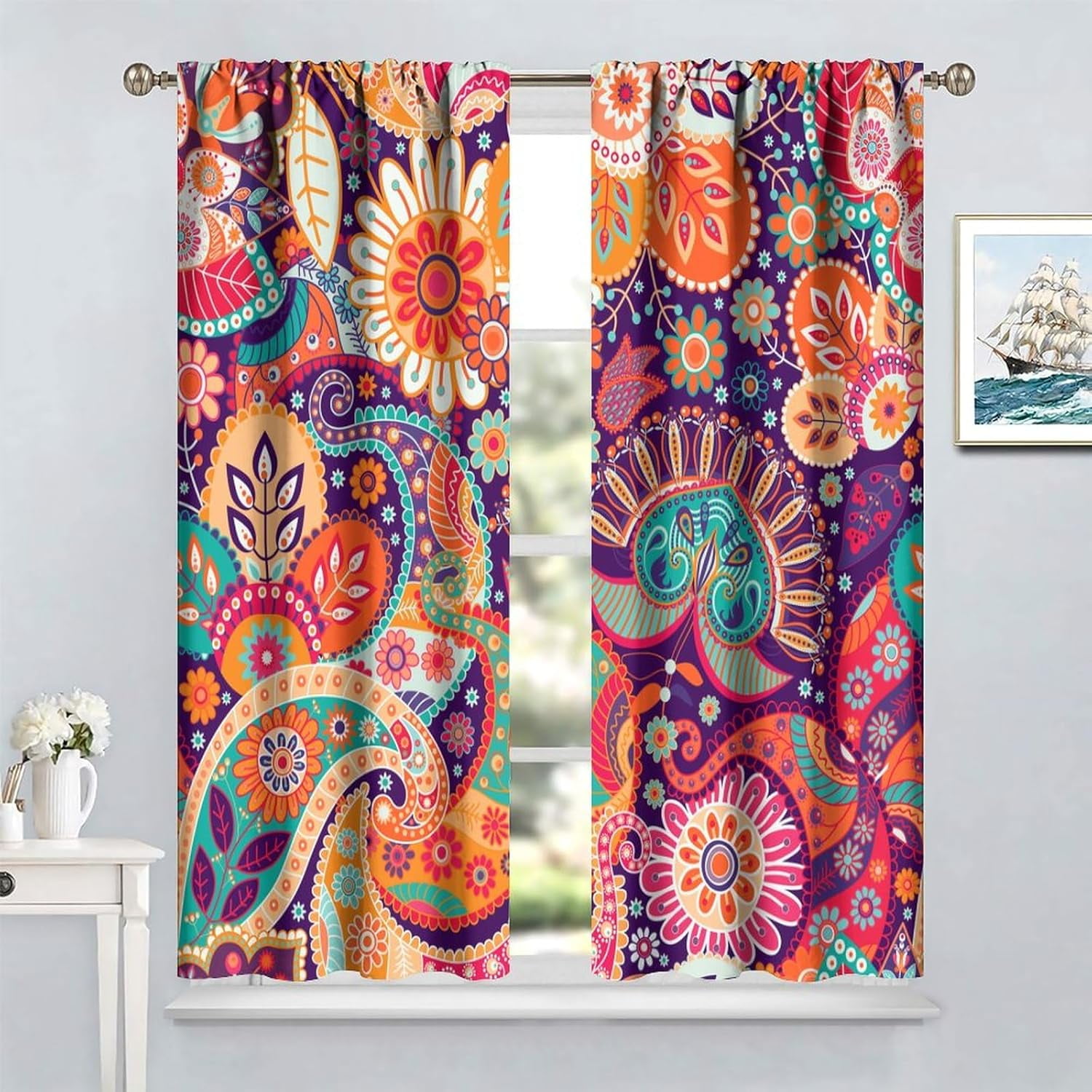 Boho Flower Curtains for Living Room, Vintage Paisley Floral Window Treament for Bedroom, Retro Bohemian Floral Print Blackout Drapes 2 Panel Sets,42x54 Inch