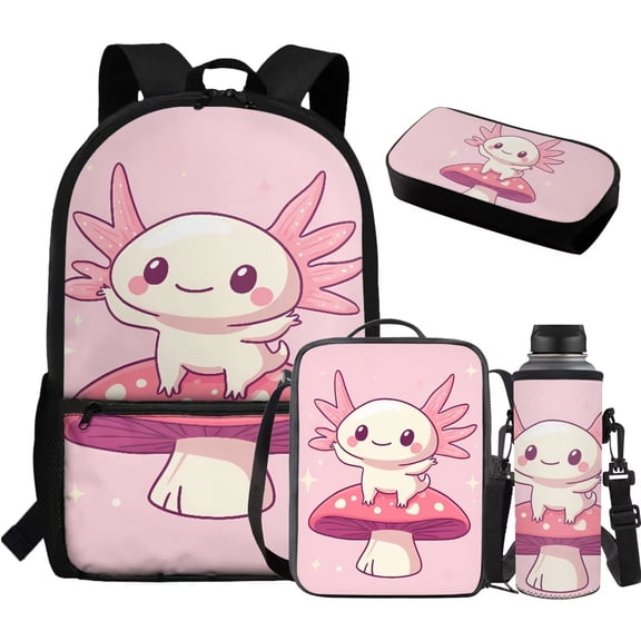 Jeiento Cute Axolotl Backpack for Girls 8-10 with Lunch Box Primary School Bag and Lunch Bag Mushroom Kids Bookbag Age 10-12 Elementary Pencil Case Water Bottle Holder Pink