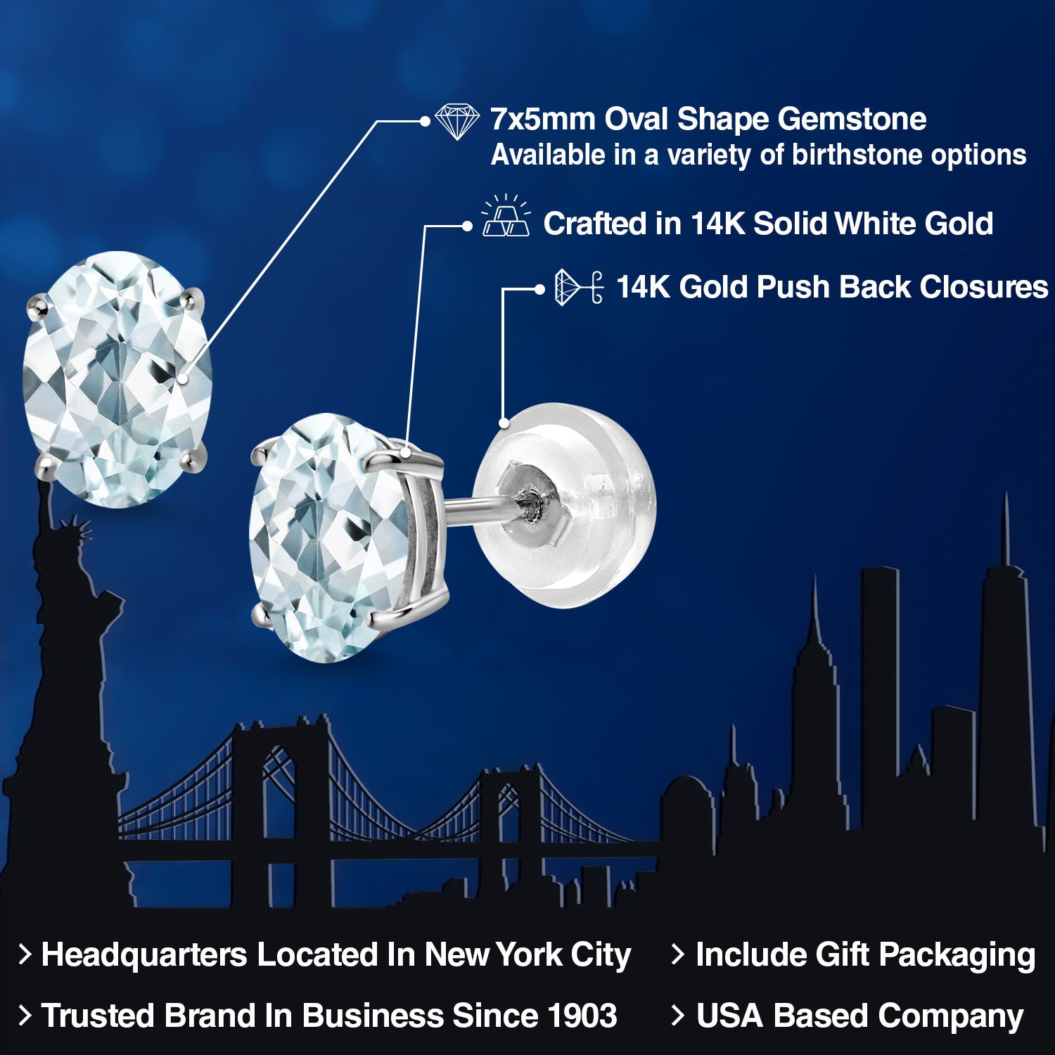 Gem Stone King 1.50 Ct Oval 7x5mm Sky Blue Aquamarine 14K White Gold Stud Earrings for Women Men