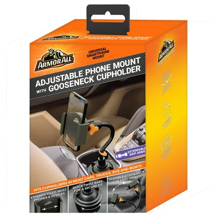 Armor All Cup Holder Gooseneck Mobile Mount, Elastic and Expandable Design, Ideal For Hands-Free Calls and GPS Directions Works with iPhone, Samsung Galaxy, Android, Samsung, Google Phones