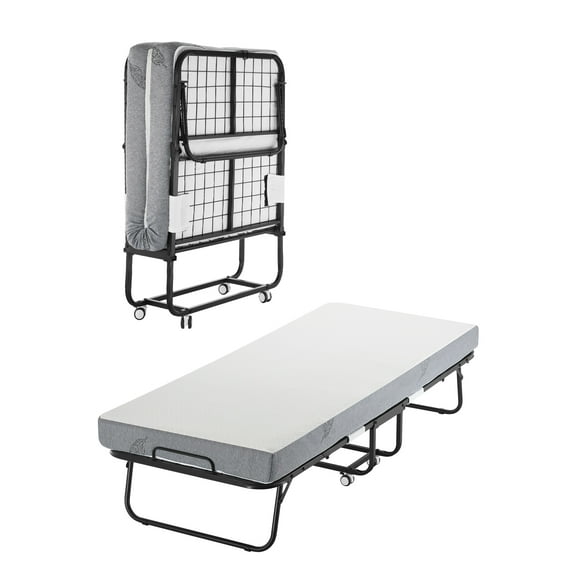 KFFKFF Collapsible Bed, Dimensions 31 in x 75 in, Comes with 5 in Mattress, Twin Size Retractable Bed Featuring Robust Metal Structure & Memory Foam Mattress, Transportable Twin Retractable Bed